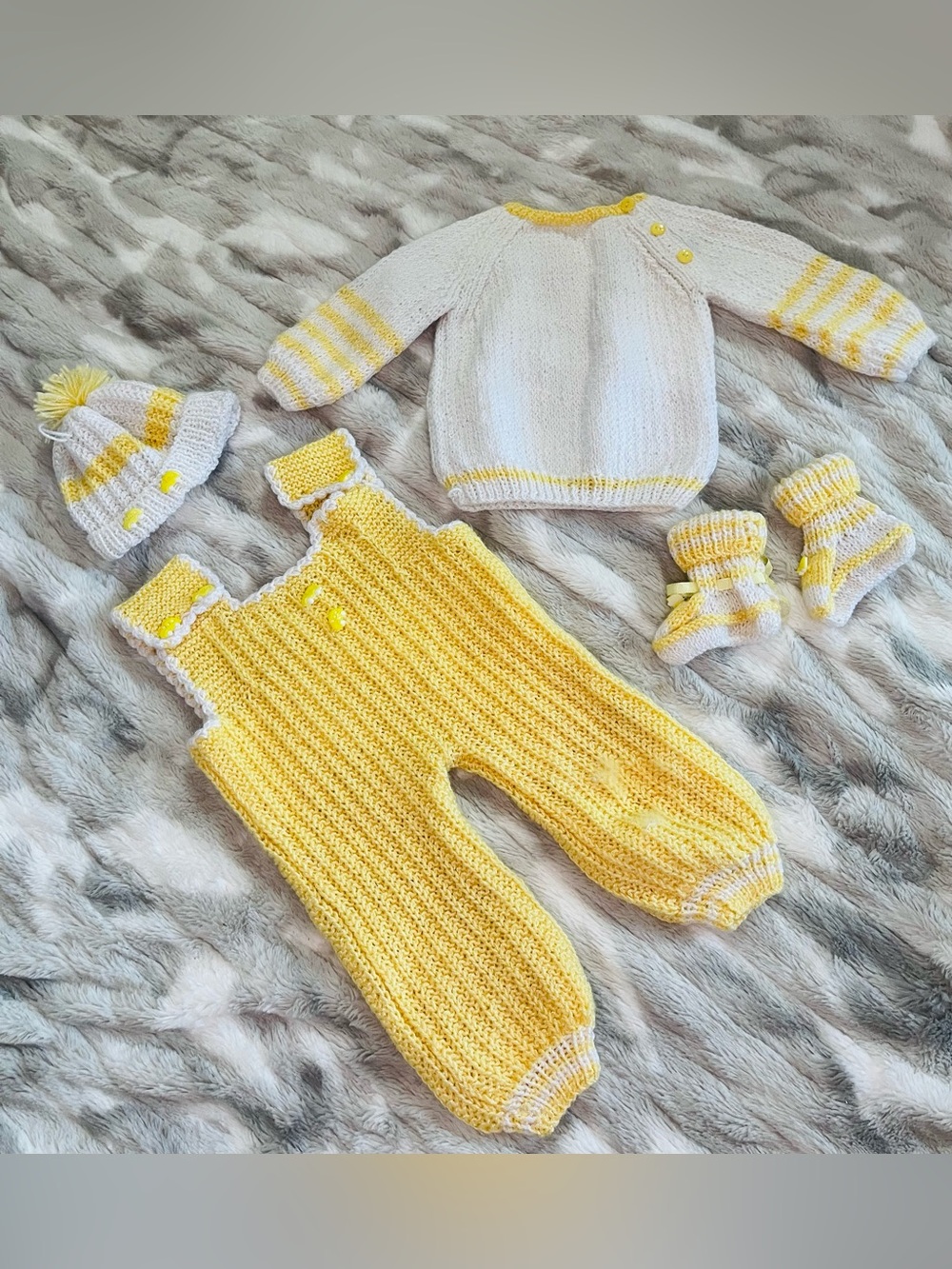 Hand-Knit Yellow & White Baby Matching Set by